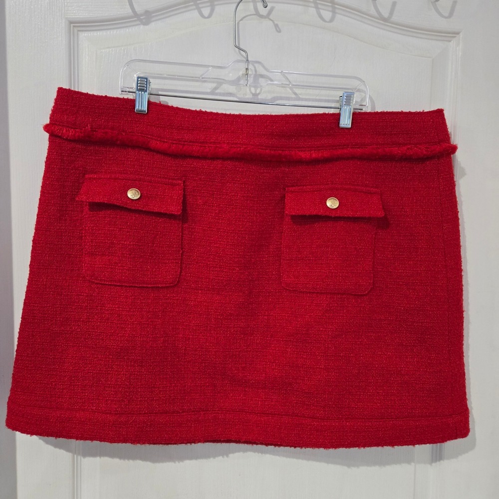 J.Crew Tweed Mini Skirt Womens 20 Red NEW Gold Button Fringe BV900 Holiday Party